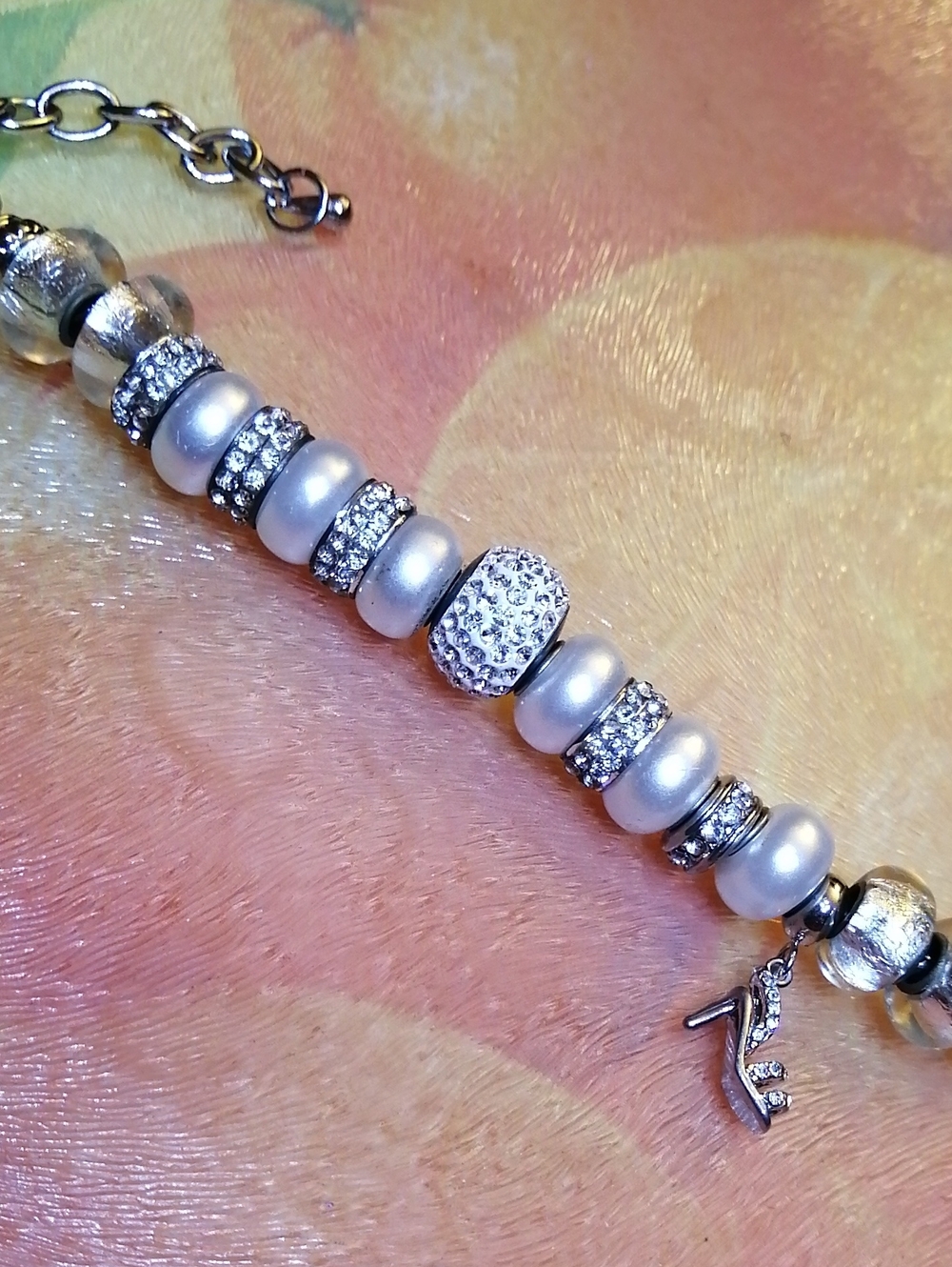 Gorgeous White Faux Pearl & Crystal Beaded Bracelet With Shoe Charm